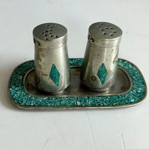 Vintage Silver Turquoise MCM Mini Salt Pepper Shaker Set Mexico Native American